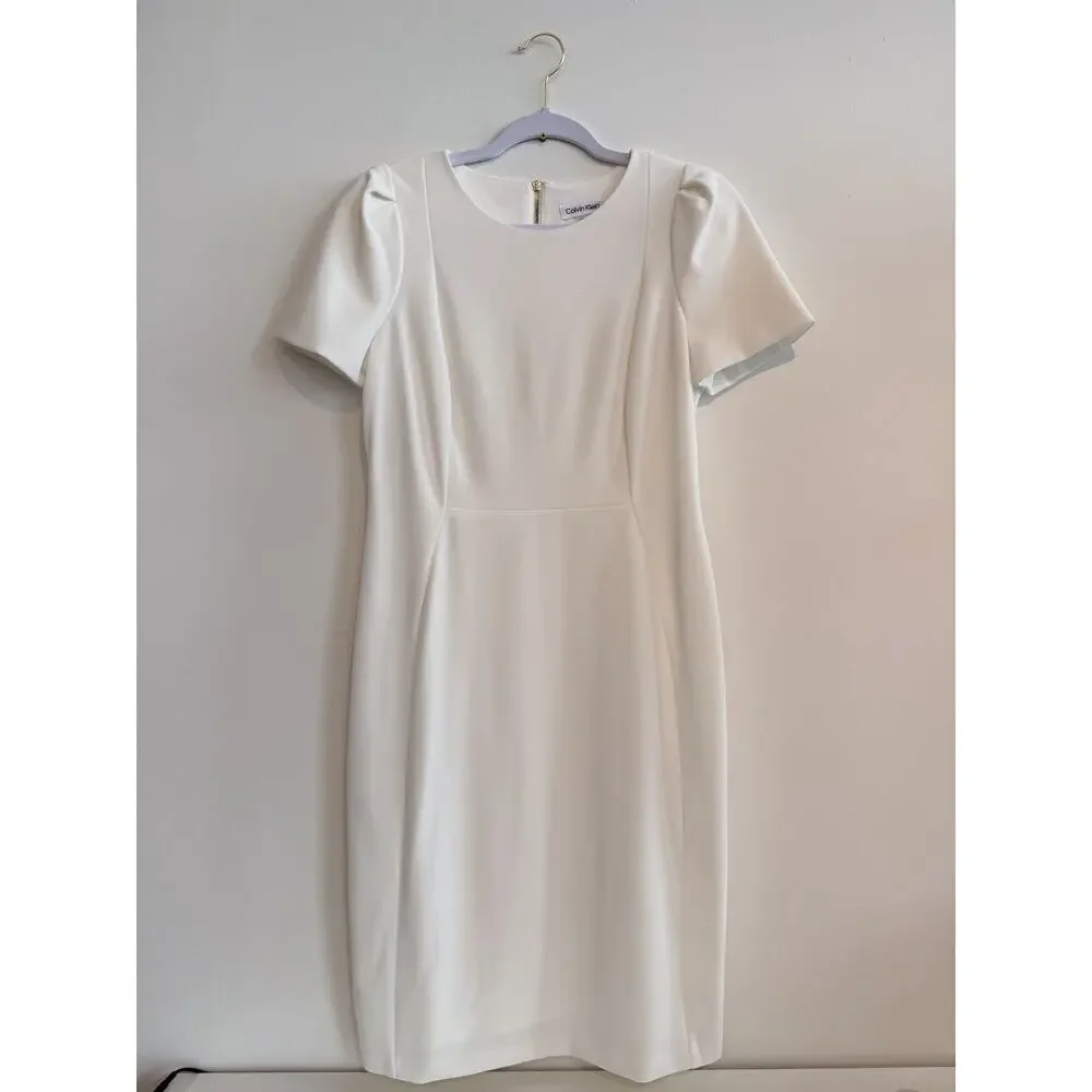 Calvin Klein Scuba Crepe Sheath Dress w/Short Tulip Sleeve in Cream - 10, NWOT - Picture 3 of 10